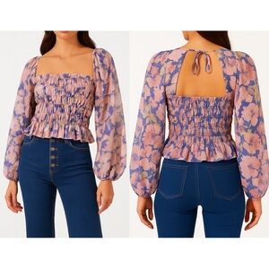 ASTR THE LABEL Nicollete‎ Top Medium Floral Puff Sleeves Smocked Bodice Tie-Neck